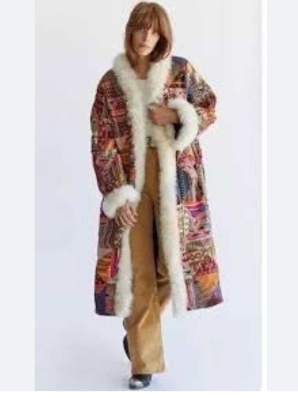 Free People Small S Caravan dream patchwork long coat faux fur trim - Picture 1 of 7